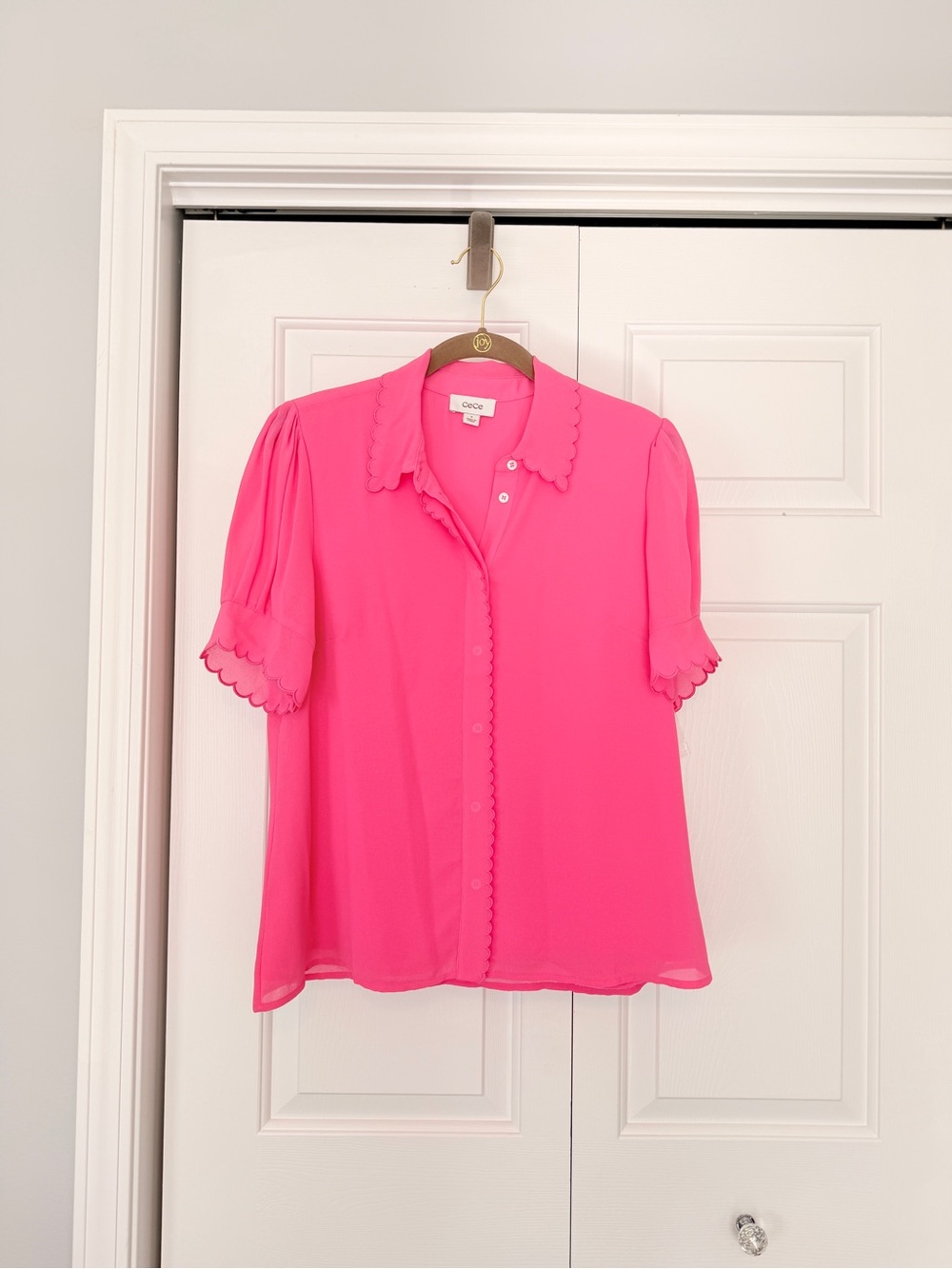 CeCe Pink (Azalea) Scallop-Trim Short Sleeve Blouse